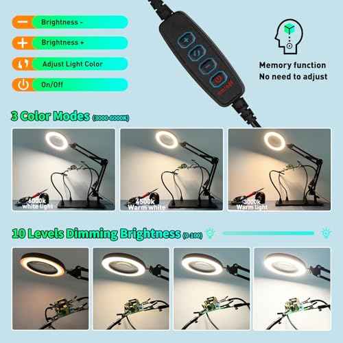 10X Magnifying Glass with Light and Stand, KUVRS Magnetic Helping Hands Soldering Station, PCB Holder Magnifying Lamp, 3 Color Adjustable Arm Hands Free Magnifier with Light for Soldering Craft Hobby