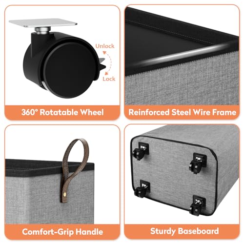SpaceTrove 80L Grey Rolling Laundry Basket with Wheels - Detachable Wheels, Foldable Hamper