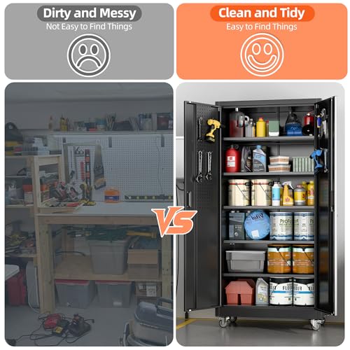 Metal Garage Storage Cabinet with Wheels & Pegboard Doors – 71in H x 34in W x 18in D, Black