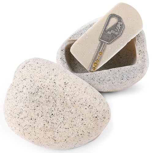 BARGIFTS Fake Rock Key Hider Safe for Outdoor Garden Yard, White - Large Stone Safe