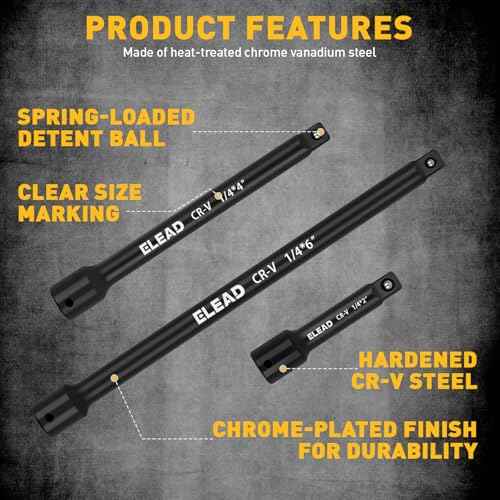 4-Piece 1/4" Drive Socket Extension Bar Set, 2, 4, 6 inch Professional Extension Set, 1/4 Inch Drive Universal Joint Socket, Premium Cr-V Steel Sockets Wrench Extender