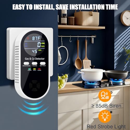 5-in-1 Upgraded Gas & Carbon Monoxide Detectors Plug in, Combination Natural Gas Detector and Co Detector with Temperature & Humidity and Sound, Brightness Control, Built-in 9V Battery (Not Included)