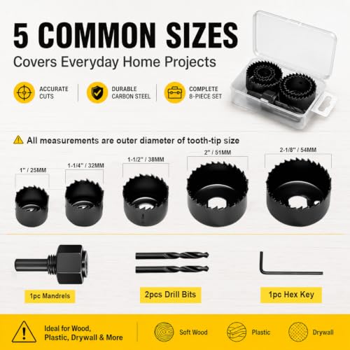 KATA 8PCS Hole Saw Kit 1" to 2-1/8" for Wood, Drywall, PVC, Plastic