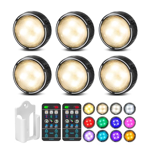 TECOMLIGHT 6 Pack Remote-Controlled Puck Lights with 3 White Tones & 13 Colors, Black Finish
