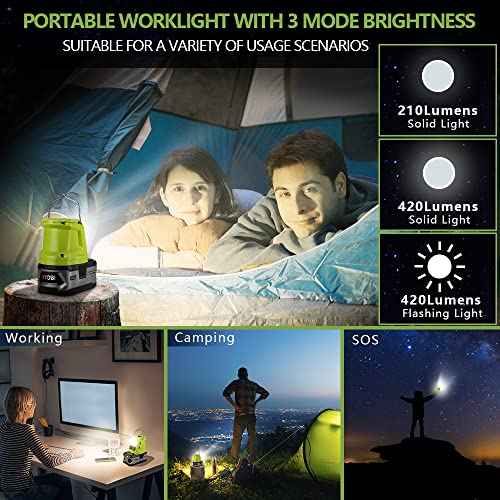 Portable Flashlight for Ryobi 18v Battery, 420lm LED Work Light with 2 USB Ports, 3 Light Modes and Foldable Hang Hook, Worklight Outdoor Camping Lantern for Emergency
