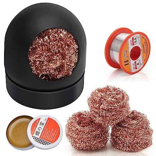 Soldering Iron Tip Cleaner Kit, Windspeed Non-slip Brass Soldering Tip Cleaner Solder Flux Brass Tip Cleaning Brass With Holder, Solder Flux, Solder Wire 4pcs Copper Wire Ball, No Water Needed