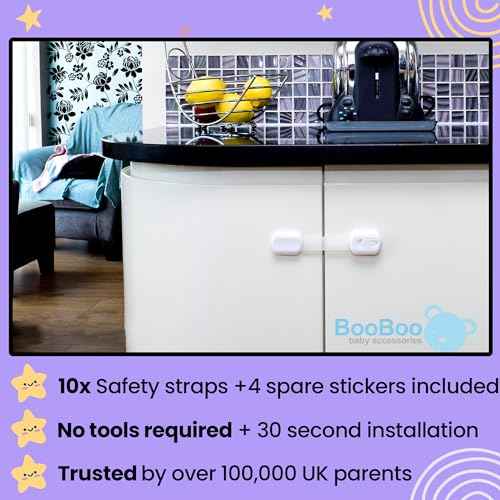 Booboo¢ç (10 Pack) Premium Cabinet Locks Baby Proofing, Child Proof Cabinet Locks, Cupboard Locks for Children with 3M Adhesive + 4 Extra Stickers
