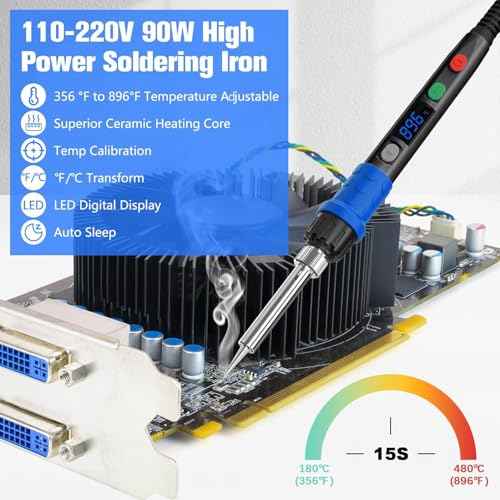 Soldering Iron Kit, 90W LED Digital Soldering Gun kit with Ceramic Heater, 110V Adjustable Temperature Solder Welding Iron Kits, Auto-sleep, Thermostatic Design, Black