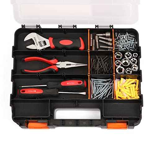 EMENTOL 2PCS Double Side Tool Organizer with Impact Resistant Polymer and Customizable Removable Plastic Dividers, Hardware Box Storage, Excellent for Screws, Nuts, 34-Compartment, Black/Orange