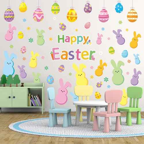Happy Easter Wall Stickers Bunny Rabbit Egg Daisy Wall Decals Room Mural Stickers for Spring Party Home Nursery Decor, 7.9 x 11.8 Inch, 9 Sheets