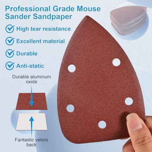 55Pcs Mouse Detail Sander Sandpaper, Professional 40 80 120 180 240 Grits Mouse Sander Pads for Sanding Polishing, 5 Hole Assorted Sander Sandpaper for Detail Mouse Sander