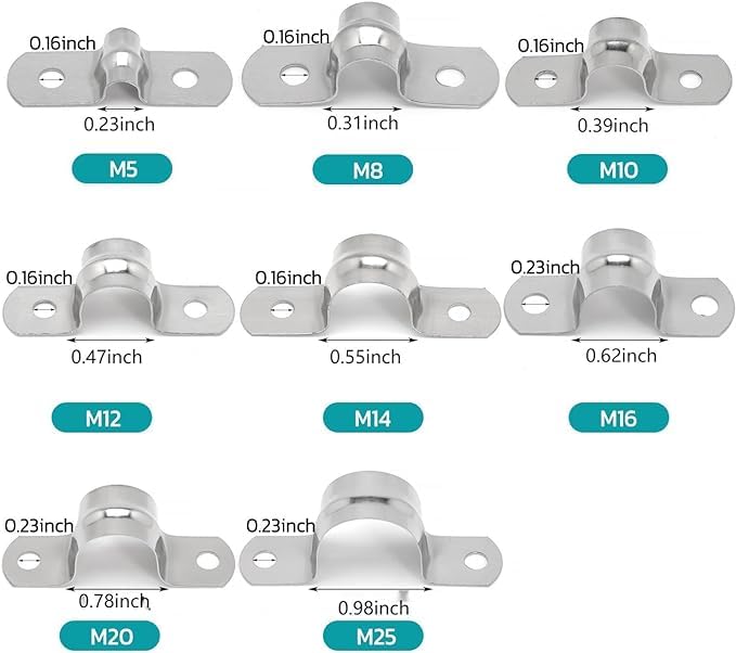 Nayciiy 25Pcs M8 304 Stainless Steel Rigid Pipe Strap Two Hole Cable Strap u Bracket Pipe Clamps Heavy Duty Pipe Fasten Holder for Tube, Pipe or Wire Cord Installation (25, 8MM（5/16" ）)