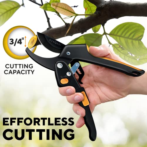Gerossi Heavy Duty Ratchet Pruning Shears - Orange, 2-in-1 Garden Hand Pruner