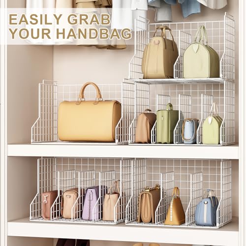 Purse Storage Organizer for Closet : Adjustable 2-Pack Dividers Handbag Organizer - Stackable Wire Handbags Storage Baskets -Open Cabinets Wallets Tote Chain Bags Clutches -White