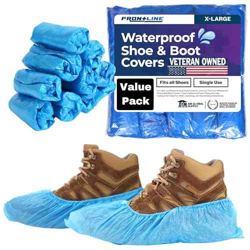 Frontline Shoe Covers Disposable Waterproof, Recyclable Premium Thick Plastic, SLip Resistance, Durable, Booties for Shoes, XL One Size Fits Most, Indoor Outdoor Shoe Covers (100)
