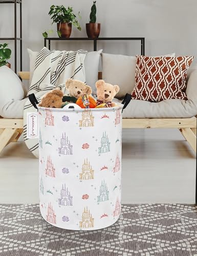 QUEENLALA Round Foldable Waterproof Laundry Basket - Rose Castle Pattern, 15.7x19.7 in