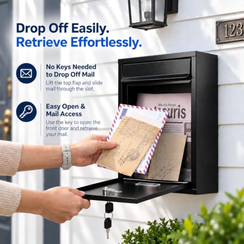 KYODOLED Black-02 Locking Wall-Mount Mailbox with Lock & Window, Large Outdoor Drop Box