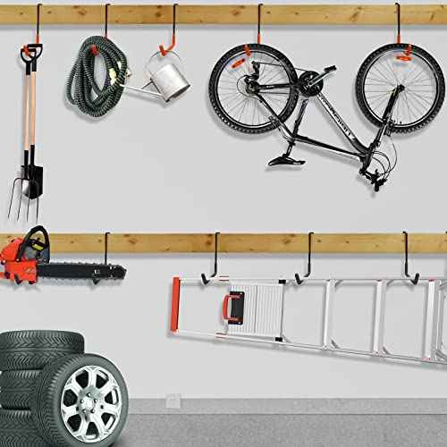 Rafter Hanger Large S Garage Hooks Bike Storage System Holder Organizer, with Non Slip Coating, for Organizing Hanging Basket, Ladders,Bicycle Wheel,Ropes and Bulk Items (12Pack, Orange)