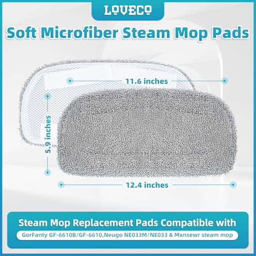 LOVECO 4 Pack Steam Mop Pads for GorFanty Neugo MX-C02 — 11-in-1, 12.4x5.9in, Machine Washable, Includes Laundry Bag