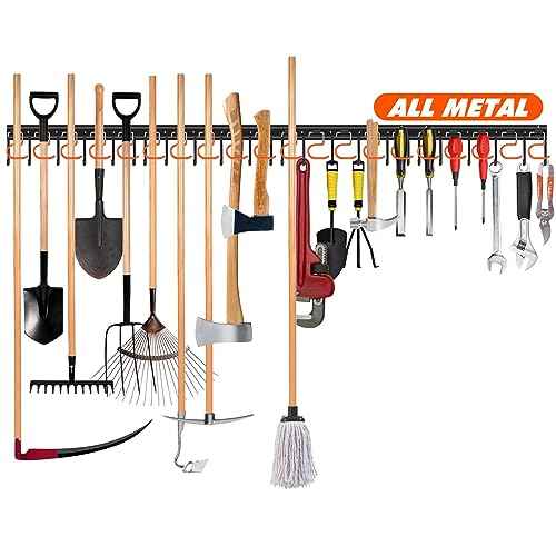 68'' All Metal Garden Tool Organizer Wall Mount Garage Tool Organizers and Storage Broom Holder Wall Mount with Hooks Tool Hangers for Shed