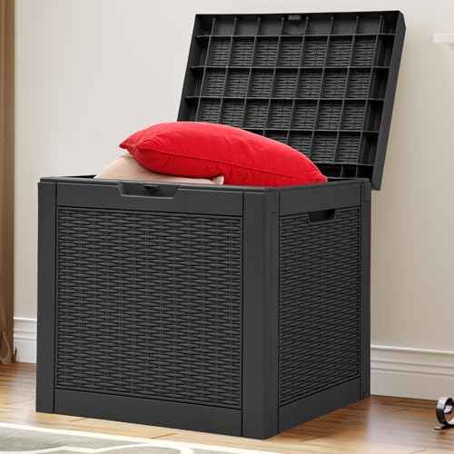 YITAHOME 32 Gallon Rattan Deck Box, Indoor Outdoor Storage Box for Patio Furniture, Pool Accessories, Cushions, Garden Tools, Sports Equipment, Waterproof Resin with Lockable Lid & Side Handles, Black