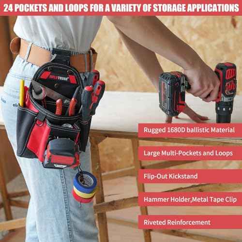 MELOTOUGH Small Electrician Tool Pouch Nail Screw Work Pocuh Tool Belt Pouch with Belt Clip Attachment Tradesman Tool Bag Pouch with Hammer Loop Electrician Tool Holster