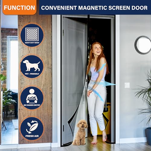 Mdavo Magnetic Screen Door 38 x 82 Inch Black - Fits Door Size 38x82, Heavy Duty Pet & Kid Friendly Mesh with Magnetic Closure for Sliding Doors