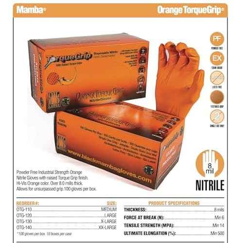 BLACK MAMBA Orange Torque Grip Gloves?8-mil - Diamond Texture & Industrial Nitrile Gloves - Heavy Duty & Disposable Mechanic for Automotive & Plumbing (XL)