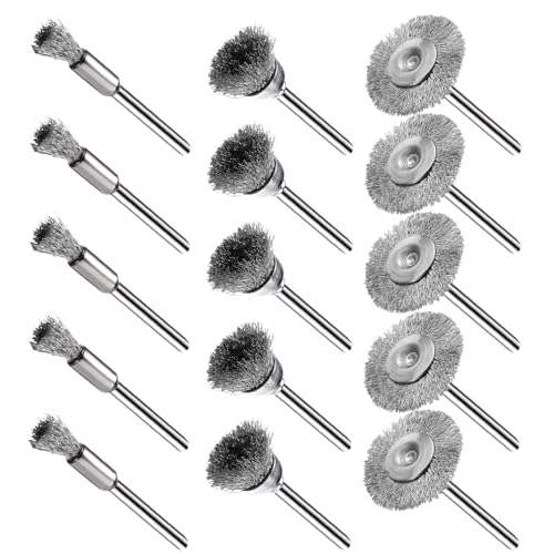 15 Pieces Stainless Steel Wire Brushes, Wire Brush Wheel, Steel Wire Polishing Wheel Kits for Dremel Rotary Tools (1/8 Inch Mandrel)