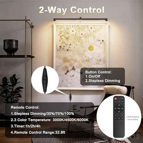 9W Picture Light Plug in, 24" Adjustable LED Art Light with Remote Control, Dimmable Wall Light for Picture Display Dartboard Art Work (Black)