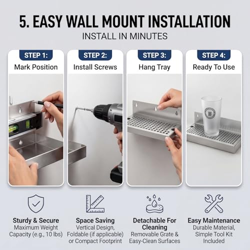 Stainless Steel 10x6 Inch Wall Mount Beer Drip Tray for Kegerators & Draft Systems
