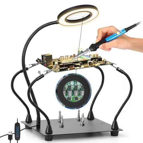 Helping Hands Soldering Magnifying Glass, Upgrade Soldering Station with 3X LED Magnifying Lamp, Metal Circuit Board Holder, 4 Flexible Metal Arms Heavy Duty Base Electronic Repair Tool for Soldering