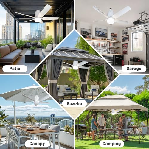 SHUNLEE 31.5 Inch Rechargeable Outdoor Ceiling Fan with Light & Remote, 4 Speeds, Dimmable Canopy Fan for Patio, Camping, Gazebo