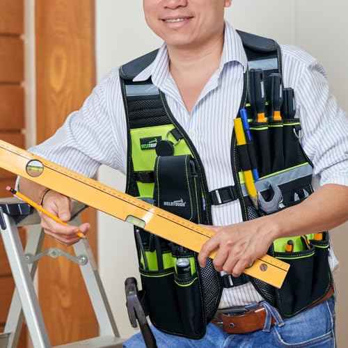 MELOTOUGH Tool Vest Reflective Safety Tool Vest with Removable Phone Holder,Retractable Pen Holder for Electrician,Carpenters,Construction(Lime)
