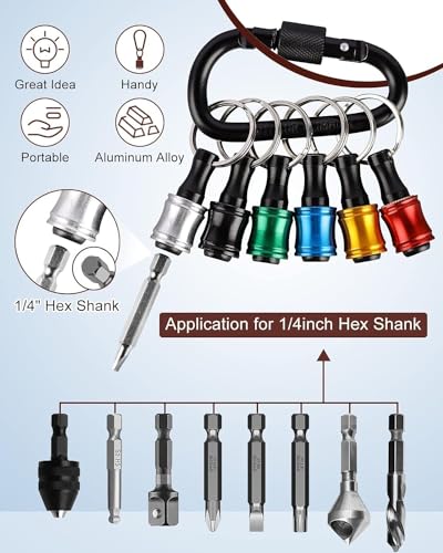 Katerk 6pcs Black Aluminum Alloy 1/4 Inch Hex Shank Screwdriver Bit Holder Set with Carabiner - Portable Quick-Change Drill Adapter for Men