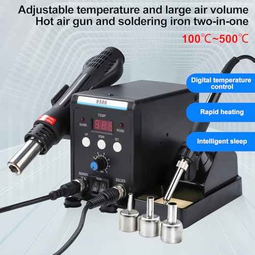 8586 Soldering Station, 2 in 1 Digital Display SMD Hot Air Rework Station and Soldering Iron with 3 standard air nozzles,LED Dual Digital Display with Heat Gun and Solder Iron Kit