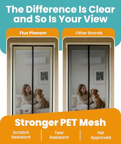 Flux Phenom Black Magnetic Screen Door 38x82 Inch - Pet & Kid Friendly, Easy Install