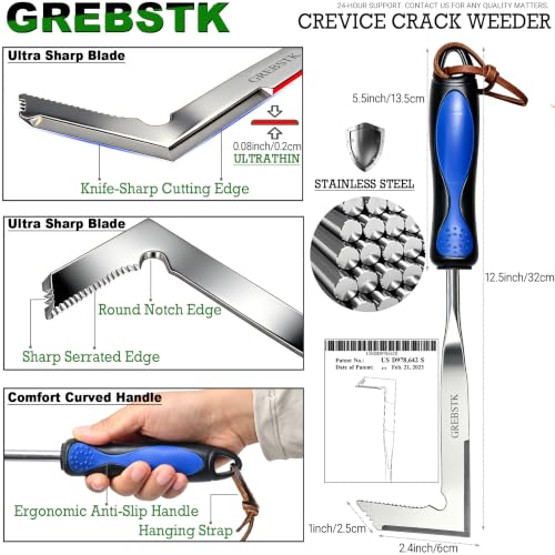 GREBSTK 12in Manual Weeder - Stainless Steel Crack & Crevice Weeding Tool