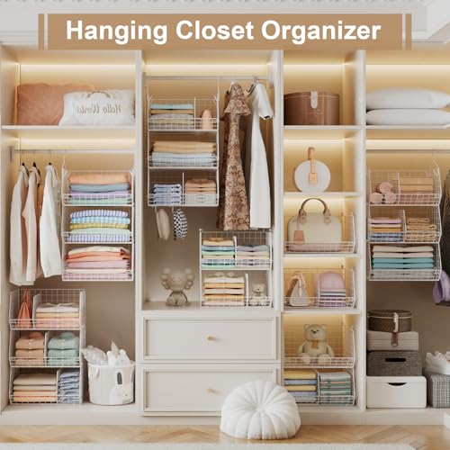 White 3-Tier Closet Hanging Shelves with Divider & S Hooks - Large Storage Organizer