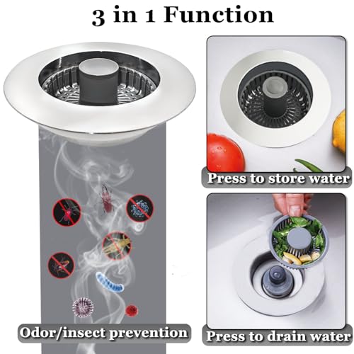 BAOLSLS Chrome Silver 3-in-1 Kitchen Sink Stopper & Strainer, Pop Up Drain