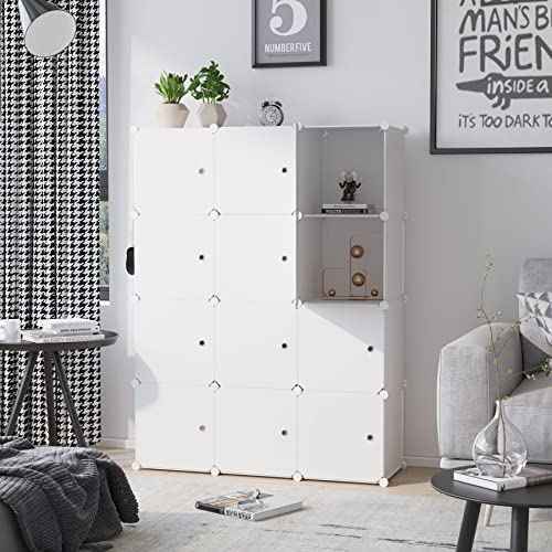 C&AHOME Cube Storage Organizer with Doors, 12-Cube Shelves, Closet Cabinet, DIY Plastic Modular Bookshelf Ideal for Bedroom, Living Room, 36.6¡±L x 12.4¡±W x 48.4¡±H Milky USHS3012M-DOOR