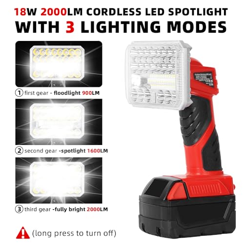 18W LED Work Light for Milwaukee M18 18V Lithium-Ion Battery, 2000 Lumen Al Alloy Flashlight Spotlight with USB Port, 3 Brightness Modes Indoor Outdoor Use(Battery Not Included)