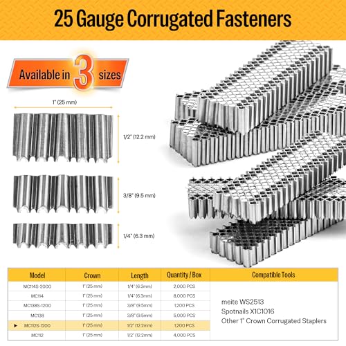 Meite Corrugated W Staples 1/2-inch Length, 1,200 PCS - Compatible with WS2513