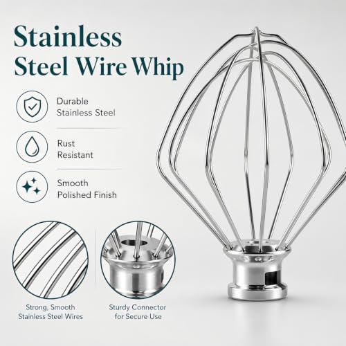Wire Whip Attachment for 4.5-5 Qt Stand Mixer, 6-Wire Stainless Steel - KitchenAid Compatible