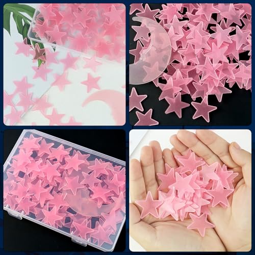 Pink Glow in The Dark Star and Moon Wall Stickers - 100 Luminous Plastic Ceiling Decor