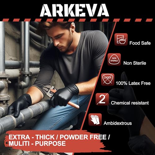 ARKEVA Black Nitrile Disposable Gloves 6 Mil. Chemical Resistance, Tear-Resistance, Latex & Powder Free