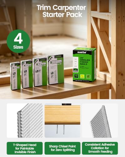 Meite 16 Gauge Finish Nails Set - 4 Sizes, 2000pcs, 20° Angled, Galvanized