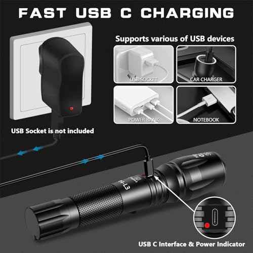 PHIXTON Rechargeable Flashlights High Lumens, USB C Chargeable LED Flashlight, Bright Strong Handheld Flash Lights, Long Lasting, Adjustable Focus, 5 Modes, for Emergencies Hiking Gift
