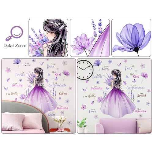 Butterfly Girl Wall Decal Flower Fairy Princess Wall Stickers Inspirational Quote Purple Lavender Floral Vinyl DIY Removable Peel and Stick Nursery Wall Decor for Kids Baby Bedroom Decoration DT-8617