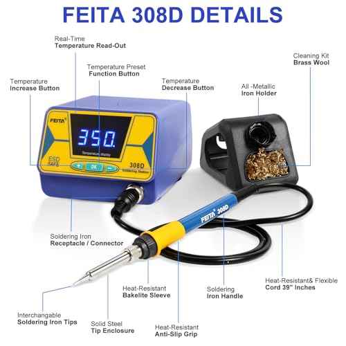 FEITA 308D Soldering Station, Upgraded, 80 Watt Equivalent with 3 Preset Temp, Digital, Auto Sleep, Calibration Support Function, Solder Tips, Lead-free Solder & Cleaning Kit
